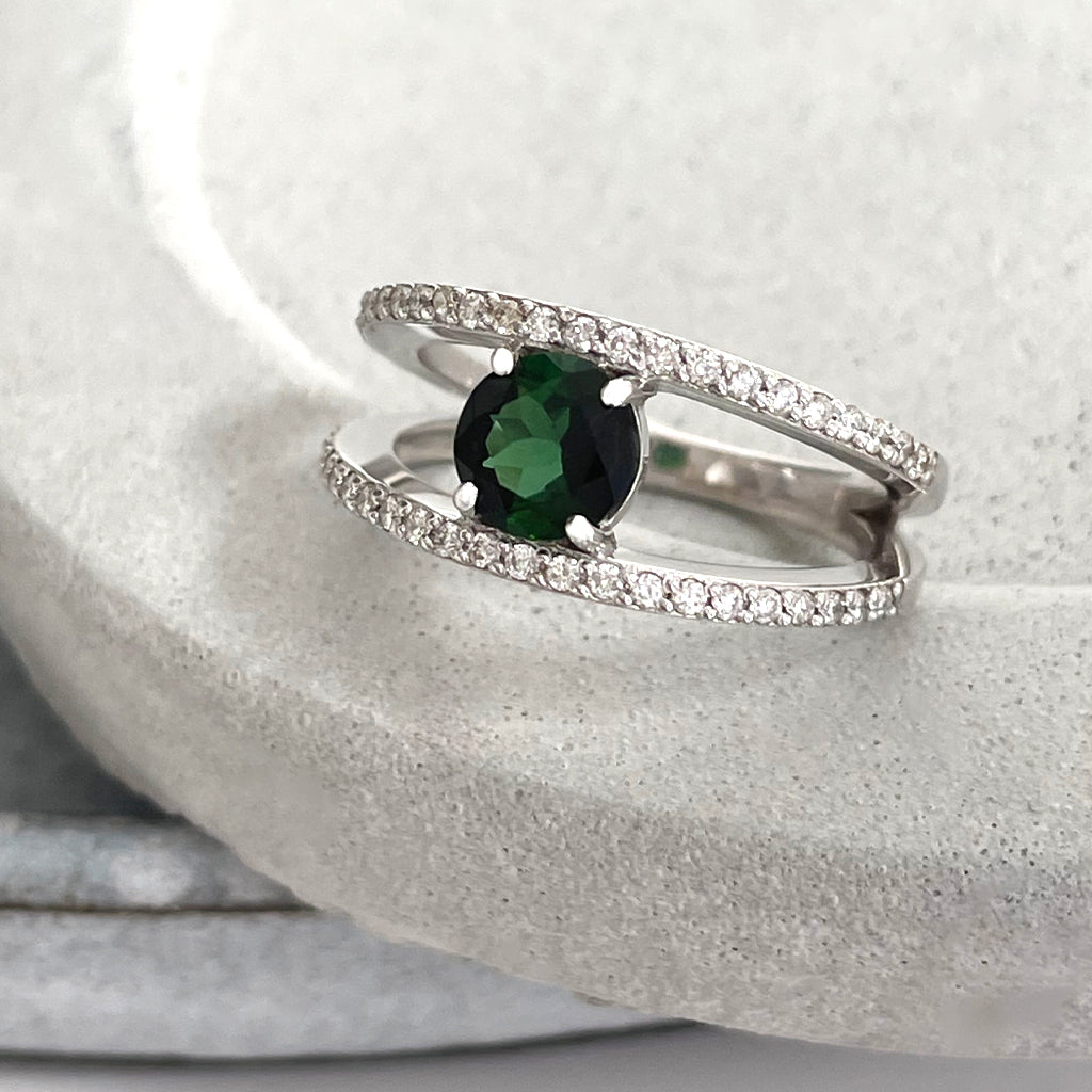 Diamond Encrusted Split Band Green Tourmaline Ring