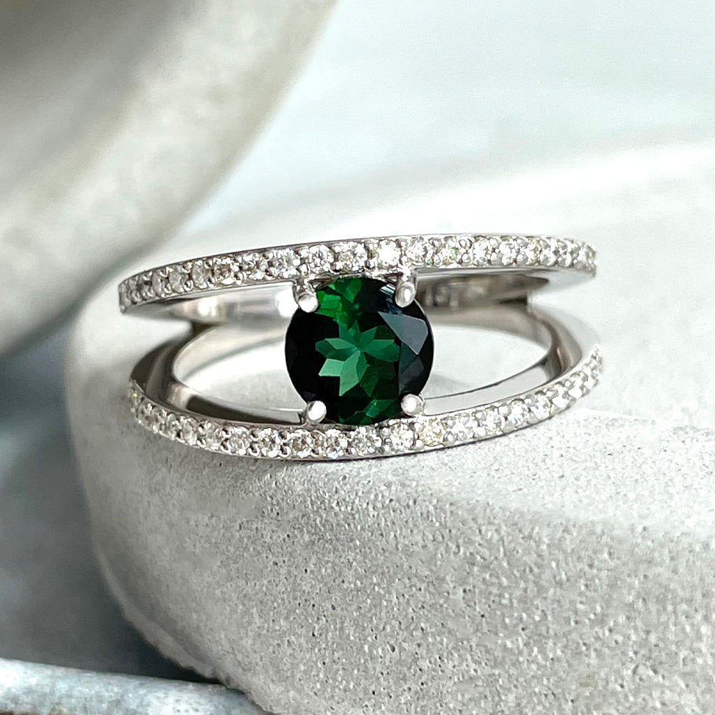 Diamond Encrusted Split Band Green Tourmaline Ring