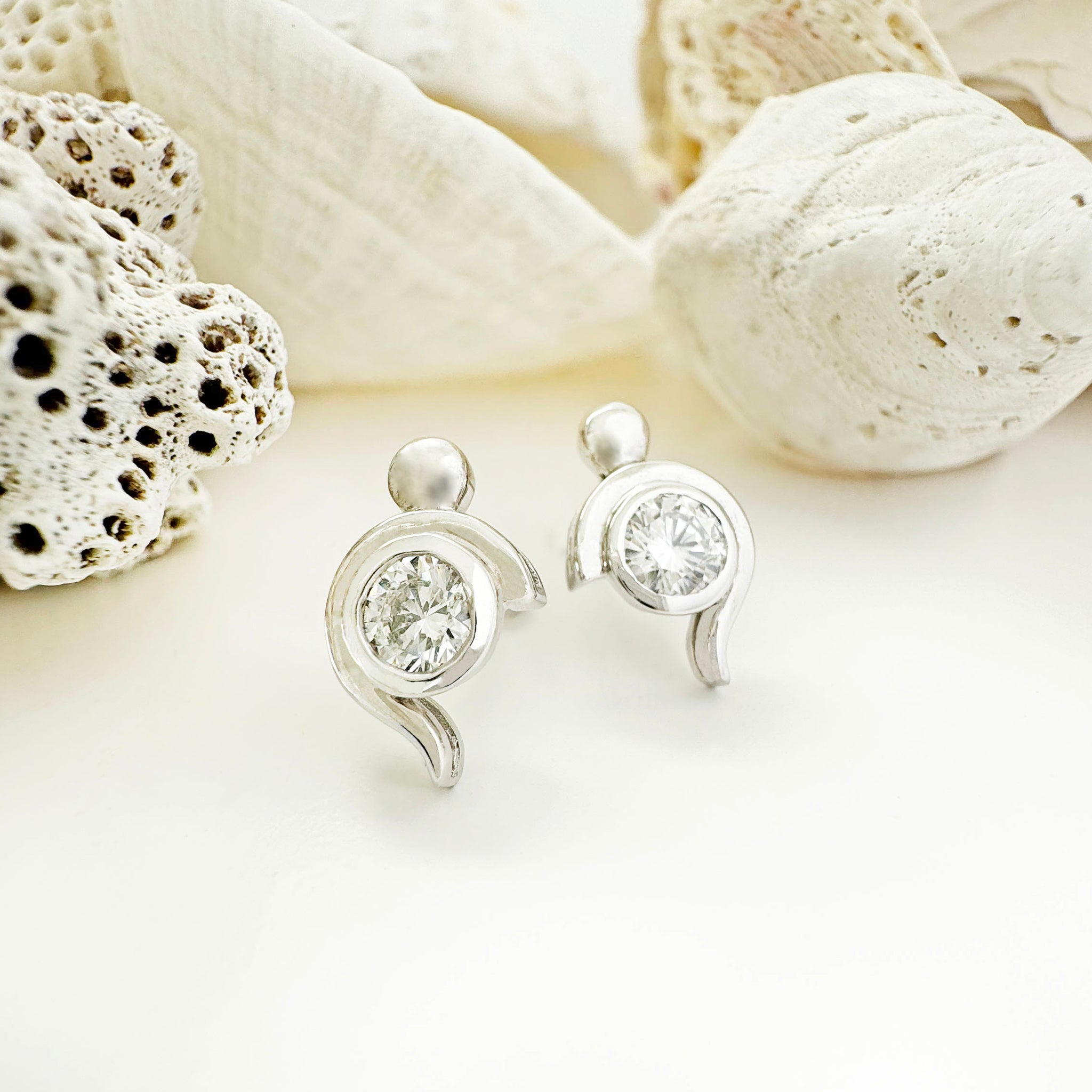 Diamond Studs With White Gold Bead and Curve Detailing