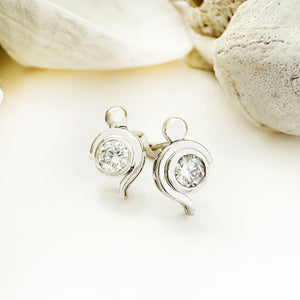 Diamond Studs With White Gold Bead and Curve Detailing