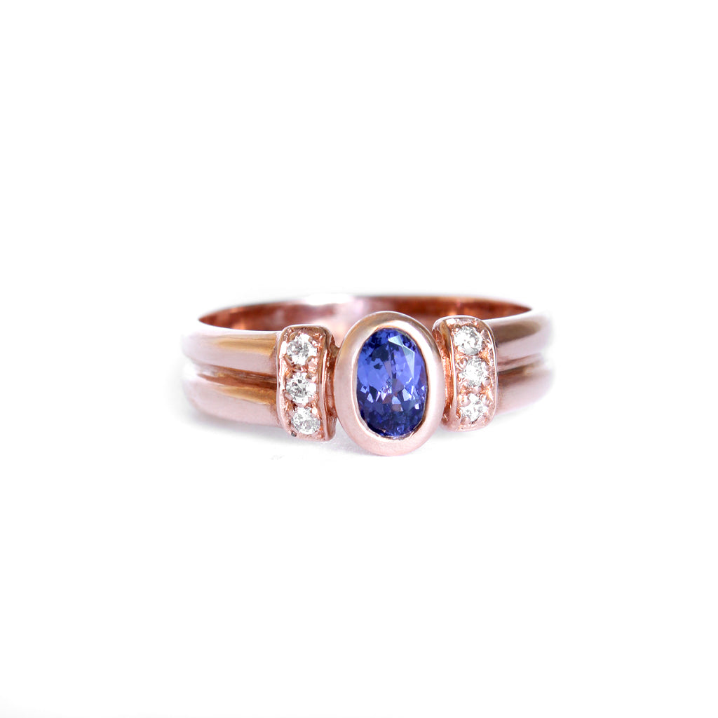 Double Band Oval Tanzanite Ring with Elaborate Diamond Shoulders in Rose Gold