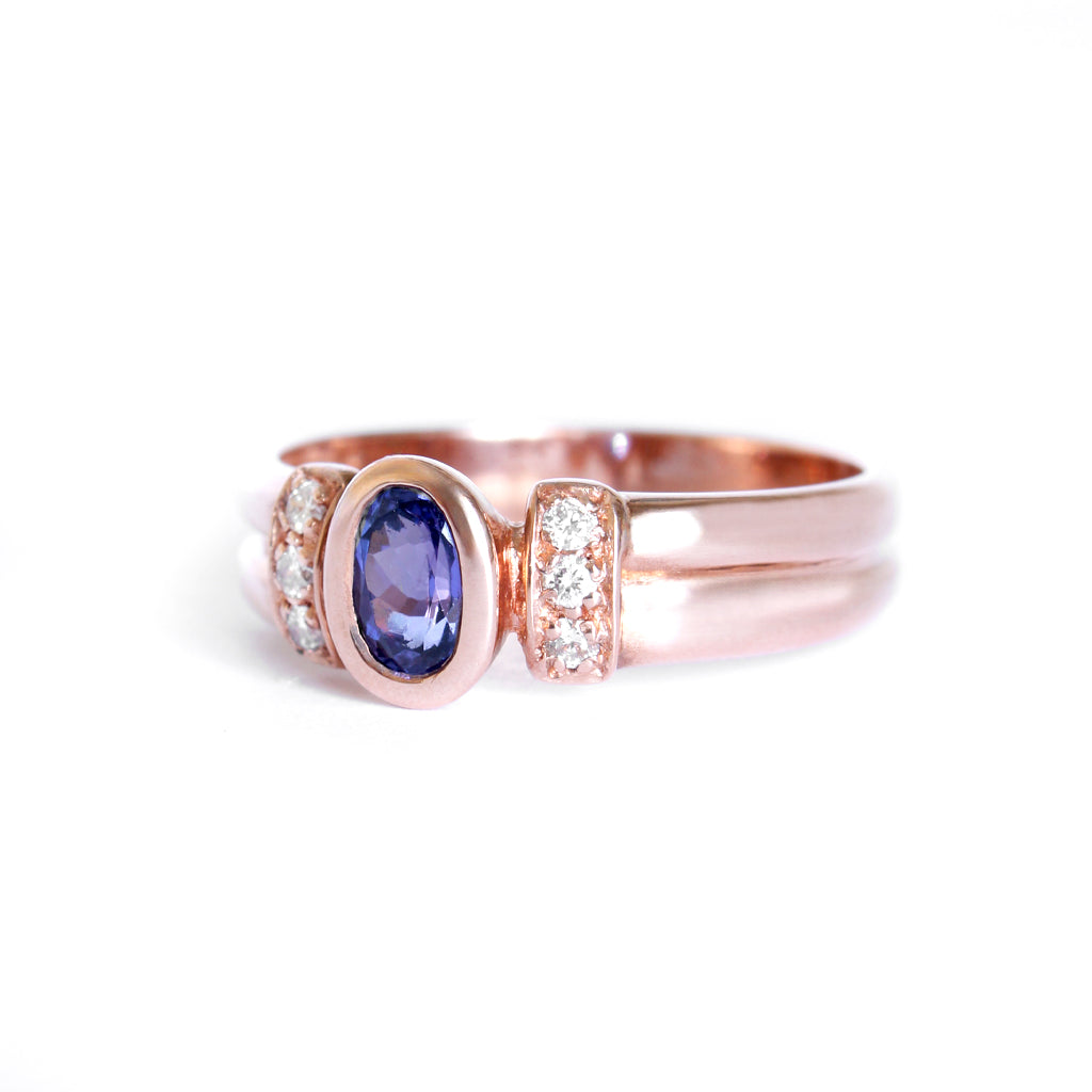 Double Band Oval Tanzanite Ring with Elaborate Diamond Shoulders in Rose Gold