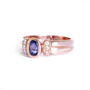 Double Band Oval Tanzanite Ring with Elaborate Diamond Shoulders in Rose Gold