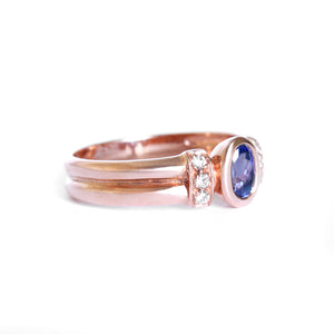 Double Band Oval Tanzanite Ring with Elaborate Diamond Shoulders in Rose Gold