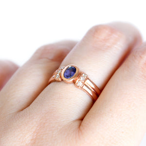 Double Band Oval Tanzanite Ring with Elaborate Diamond Shoulders in Rose Gold