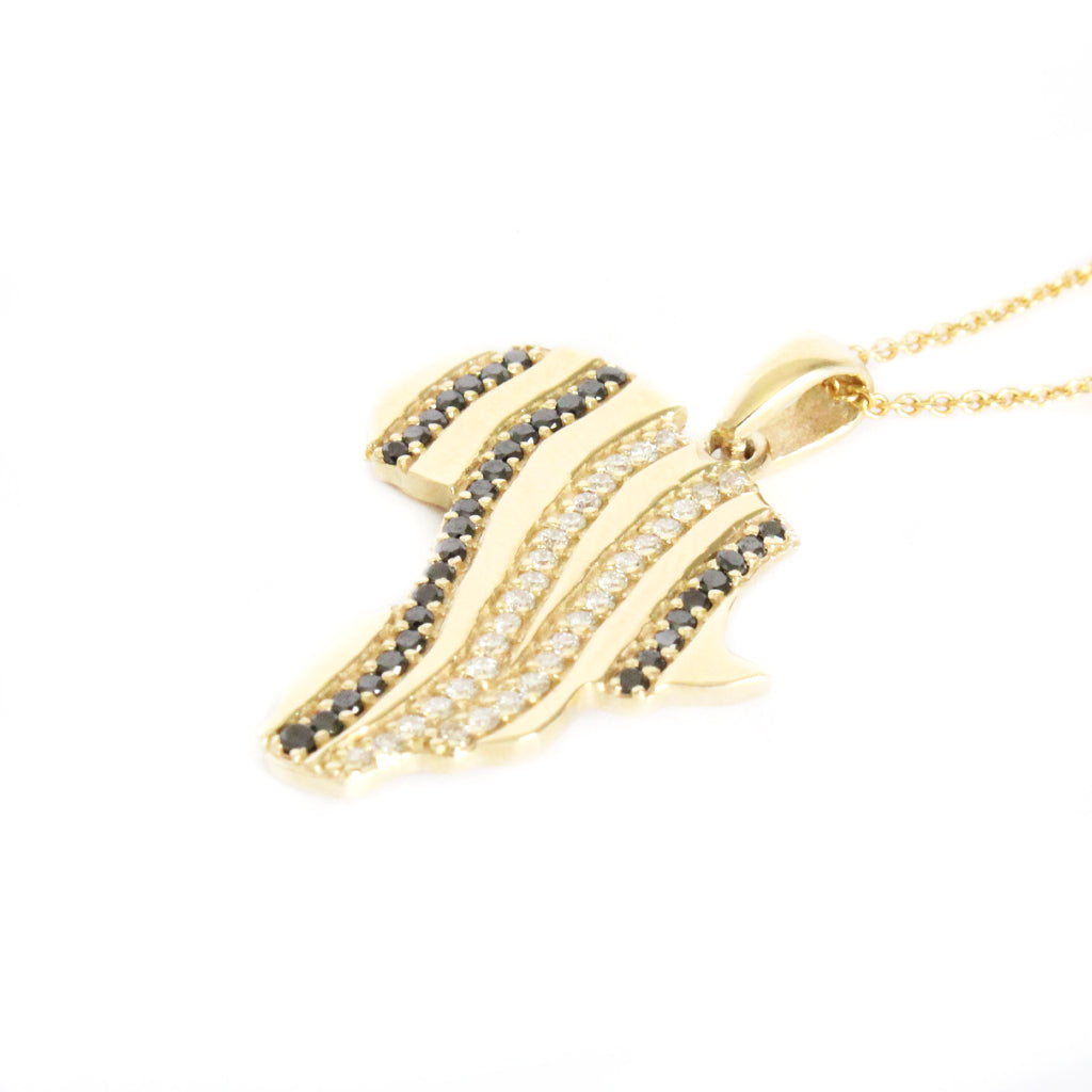 Double Black and White Diamond Zebra Striped Africa Map Yellow Gold Pendant