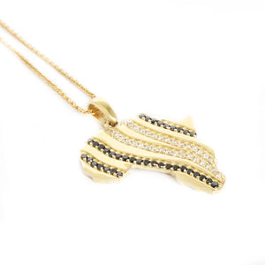 Double Black and White Diamond Zebra Striped Africa Map Yellow Gold Pendant