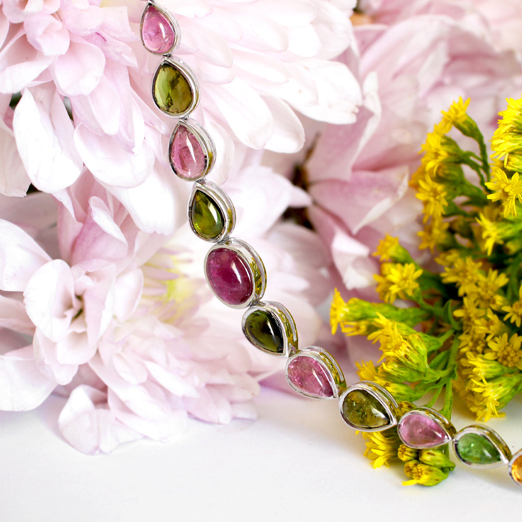 Cascading Bezel Set Multi-Stone Tourmaline Pear Cut Silver Bracelet