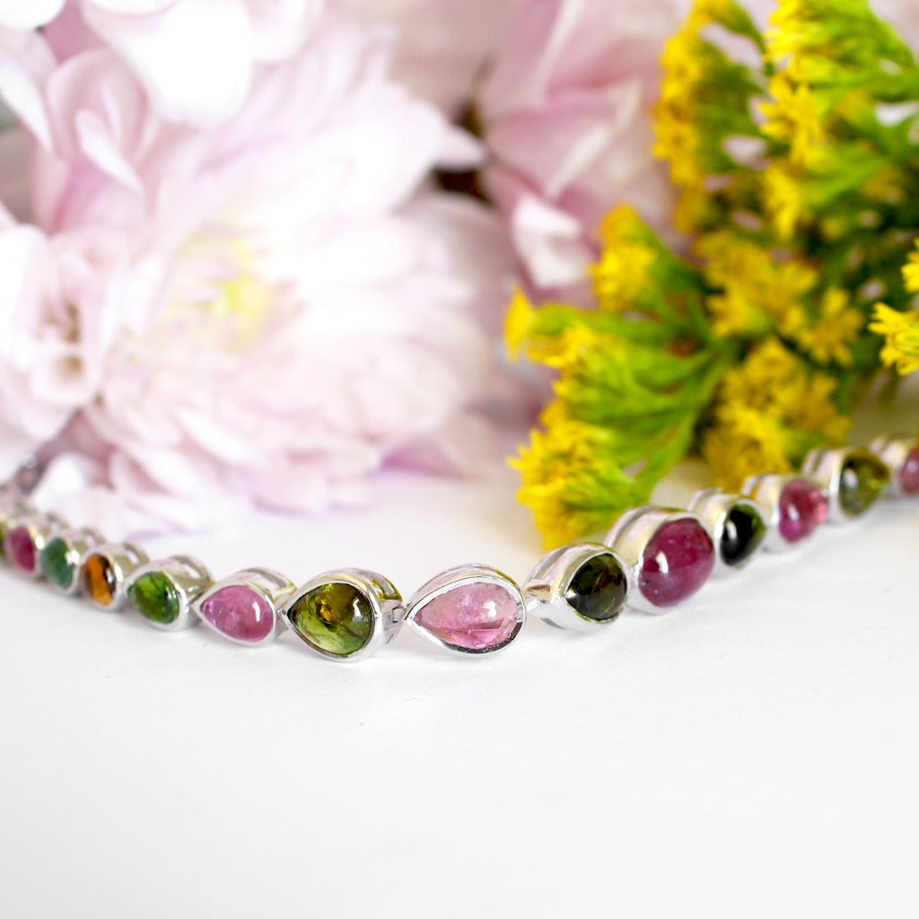 Cascading Bezel Set Multi-Stone Tourmaline Pear Cut Silver Bracelet