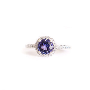 Elegance Defined Round Tanzanite and Diamond Halo White Gold Ring