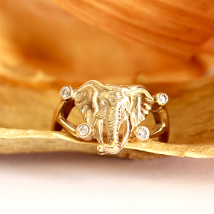 Elephant Head With Double Diamond Highlight Yellow Gold Ring