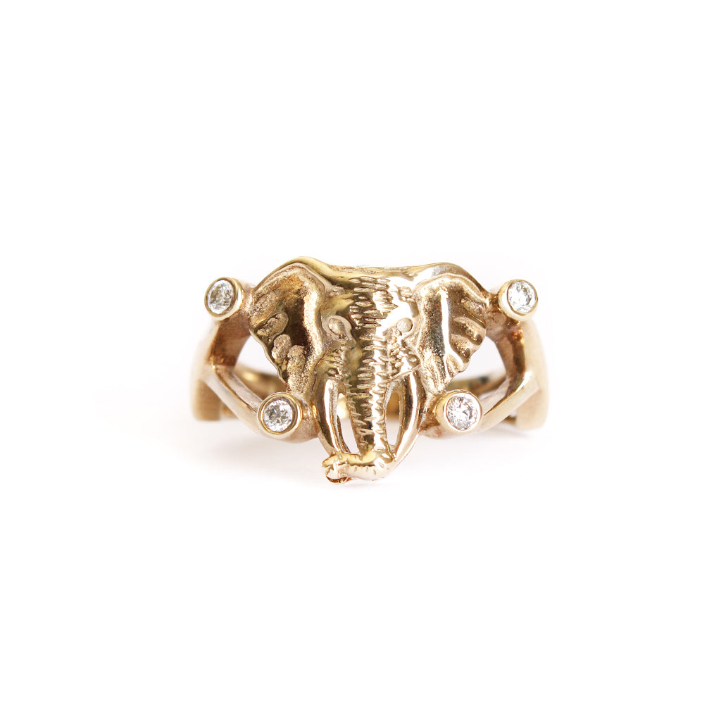 Elephant Head With Double Diamond Highlight Yellow Gold Ring