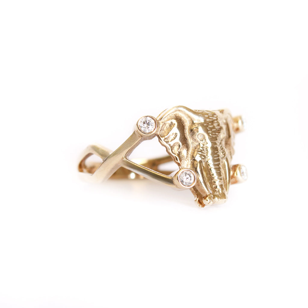 Elephant Head With Double Diamond Highlight Yellow Gold Ring