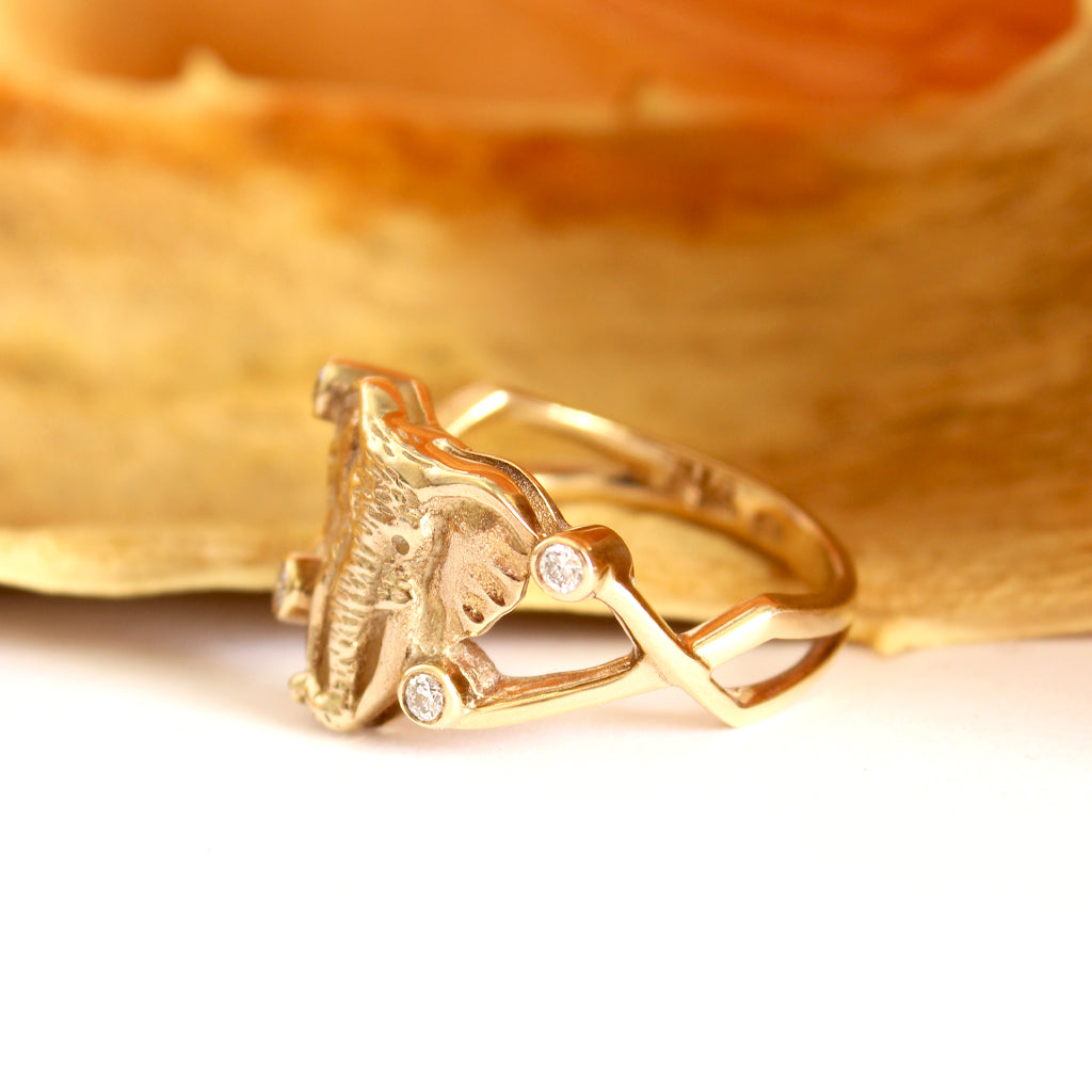 Elephant Head With Double Diamond Highlight Yellow Gold Ring