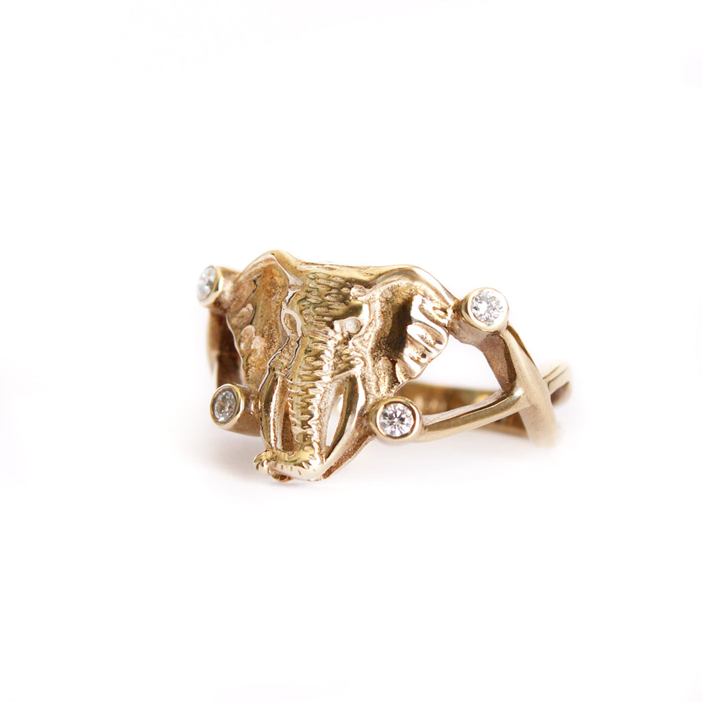 Elephant Head With Double Diamond Highlight Yellow Gold Ring