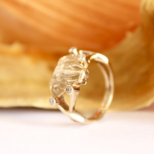 Elephant Head With Double Diamond Highlight Yellow Gold Ring