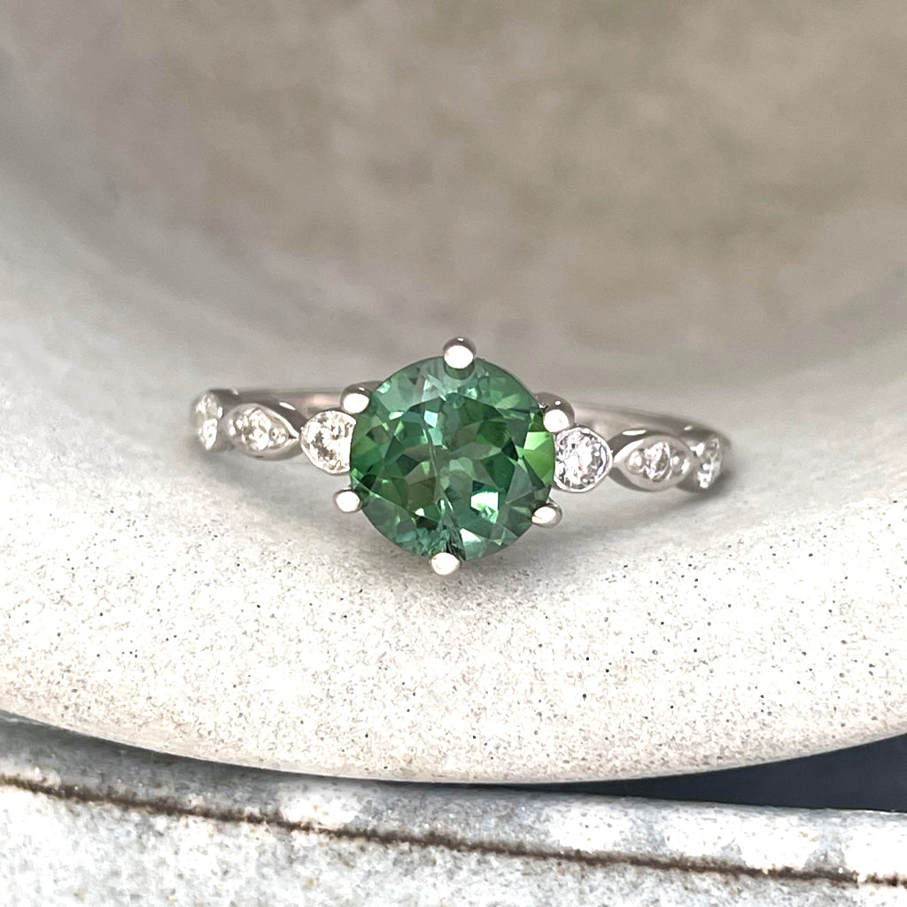 Ethereal Diamond Crimped Band Round Cut Green Tourmaline White Gold Ring