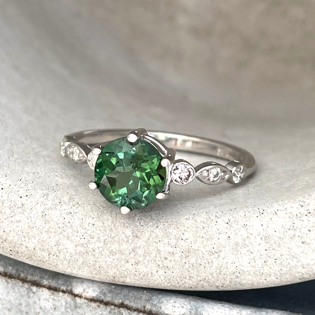 Ethereal Diamond Crimped Band Round Cut Green Tourmaline White Gold Ring