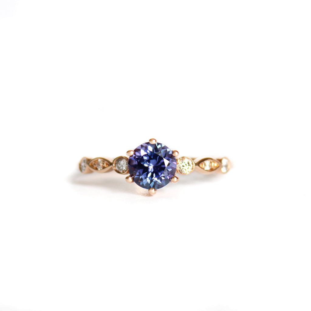 Ethereal Diamond Crimped Band Round Cut Tanzanite Rose Gold Ring