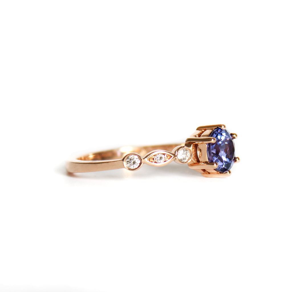 Ethereal Diamond Crimped Band Round Cut Tanzanite Rose Gold Ring