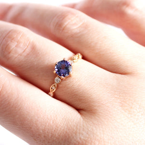 Ethereal Diamond Crimped Band Round Cut Tanzanite Rose Gold Ring