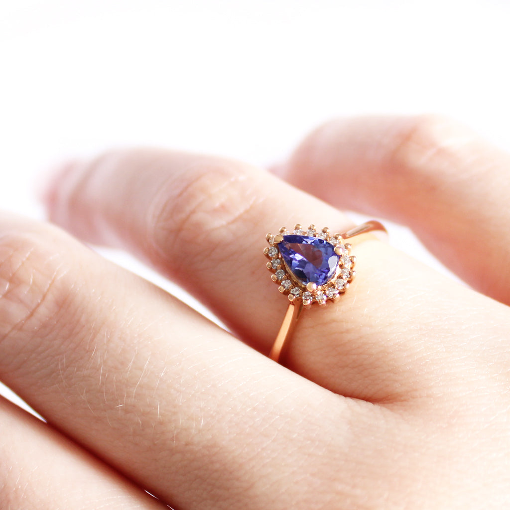 Ever Classic Pear Cut Diamond Halo Tanzanite Rose Ring