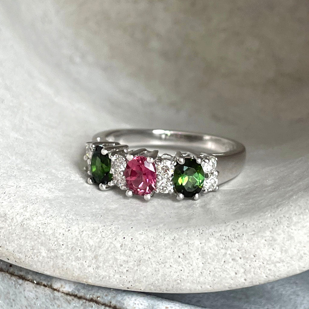 Gorgeous Trilogy Oval Green and Pink Tourmaline and Double Diamond Accent Ring