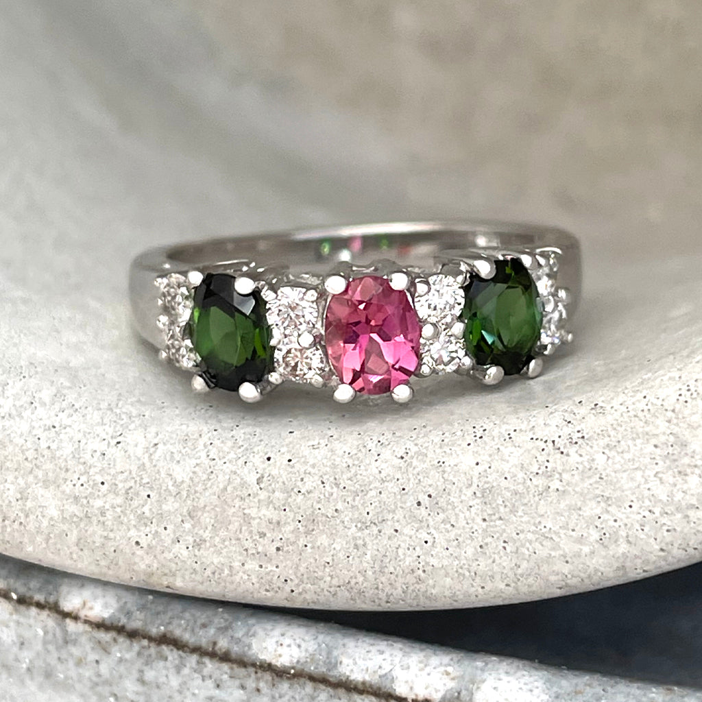 Gorgeous Trilogy Oval Green and Pink Tourmaline and Double Diamond Accent Ring