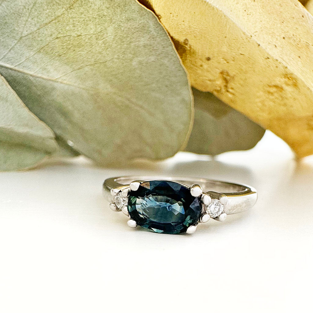 Gorgeously Elegant Oval Teal Sapphire and White Diamond White Gold Ring