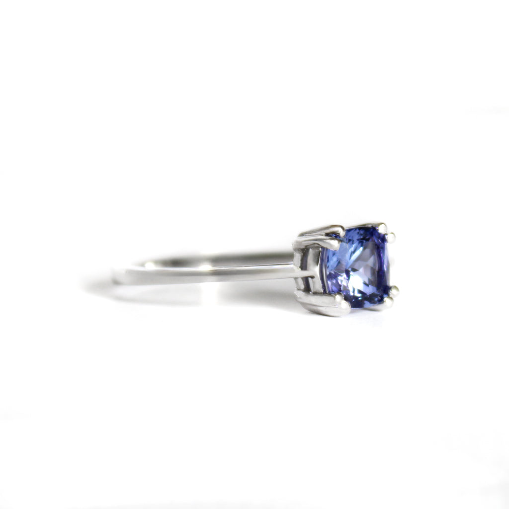 Gracefully Elevated Cushion Cut Four Claw White Gold Tanzanite Ring