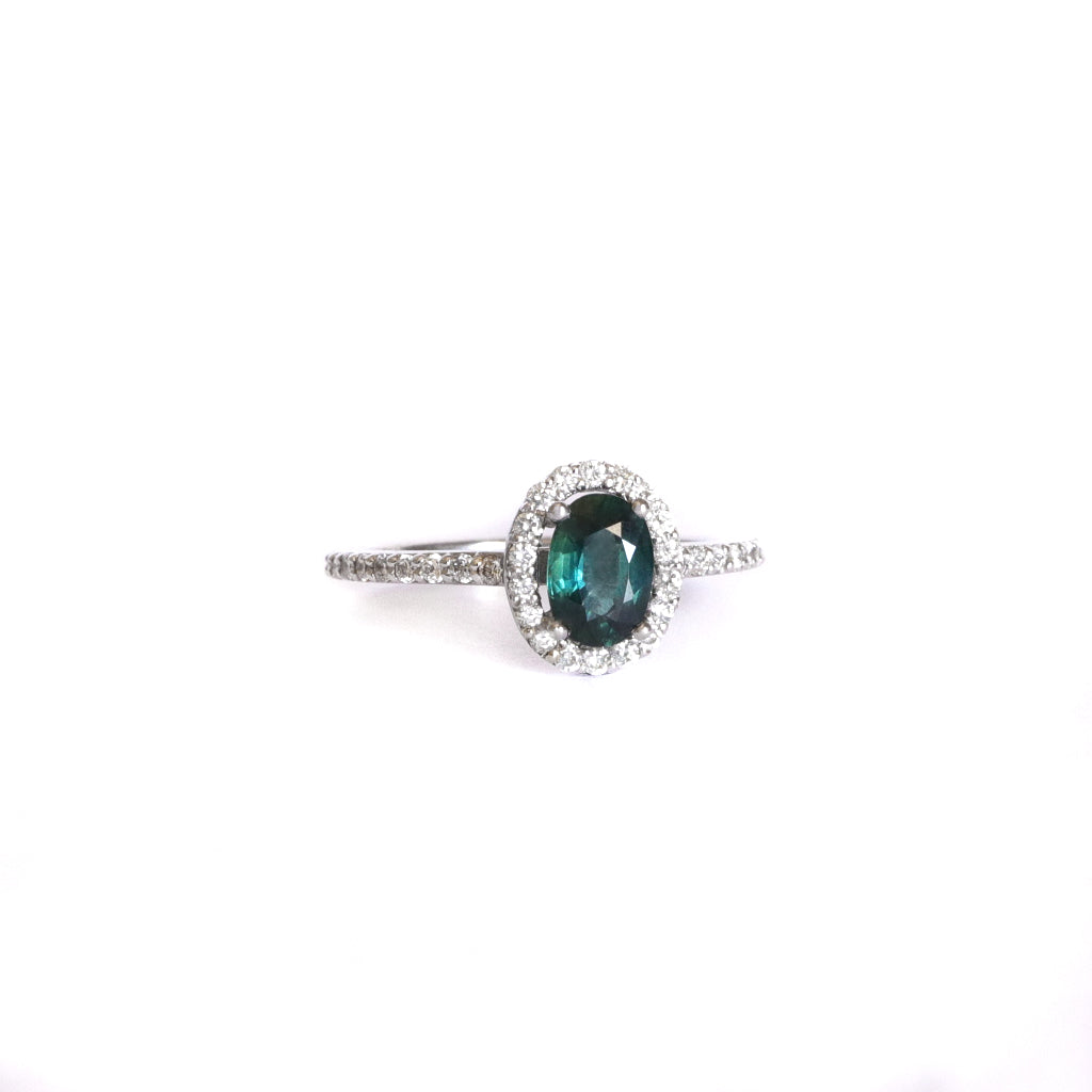 Green Hued Teal Sapphire and Diamond Halo White Gold Ring