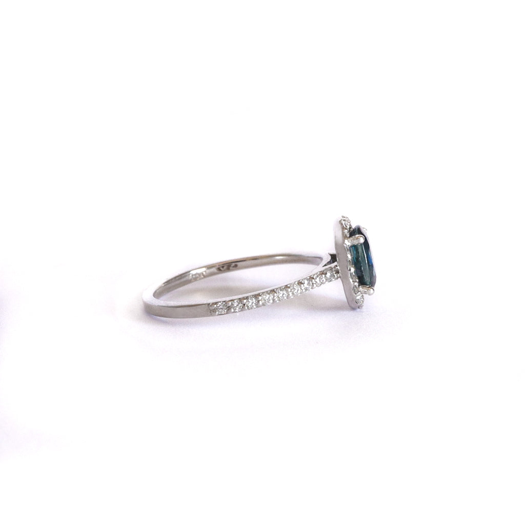 Green Hued Teal Sapphire and Diamond Halo White Gold Ring