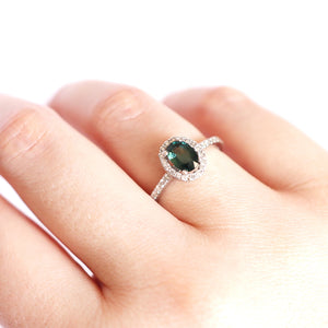 Green Hued Teal Sapphire and Diamond Halo White Gold Ring