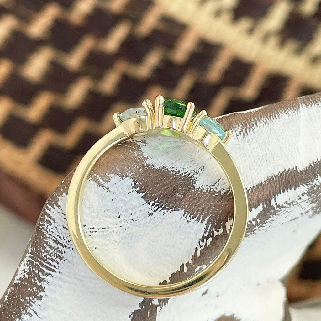 Playful Tsavorite and Aquamarine Yellow Gold Ring