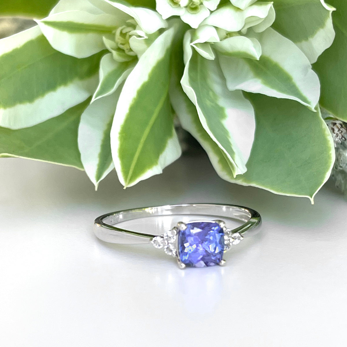 Silver Petite Cushion Cut Tanzanite with Trilogy Silver Topaz Highlight Ring