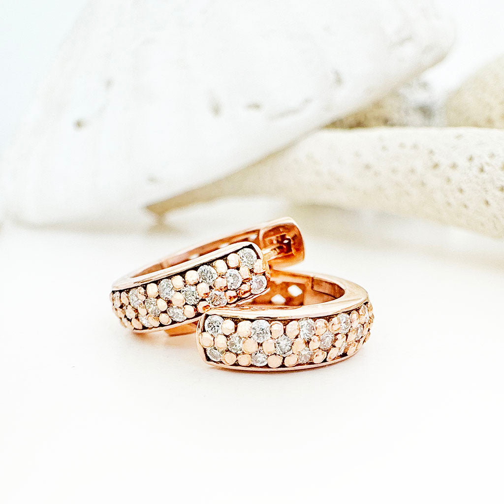 Luscious Double Band Half Eternity White Diamond Rose Gold Huggie Earrings