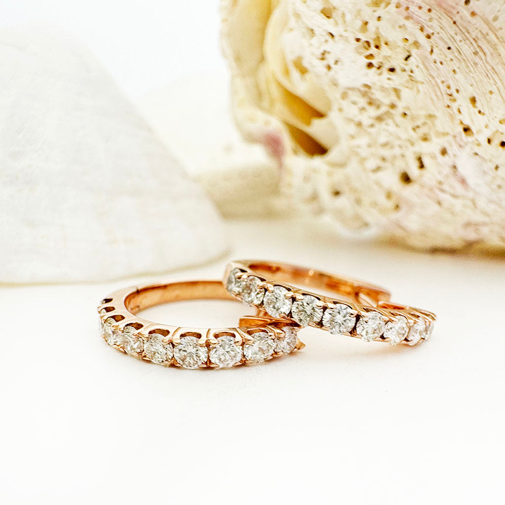 Luxurious Half Eternity White Diamond Rose Gold Huggie Earrings