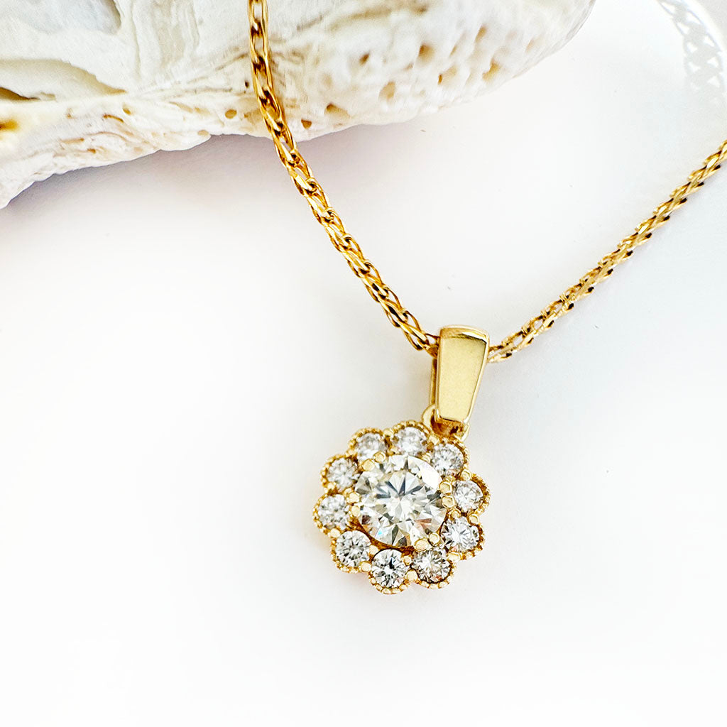Vintage Inspired Floral White Diamond Yellow Gold Pendant