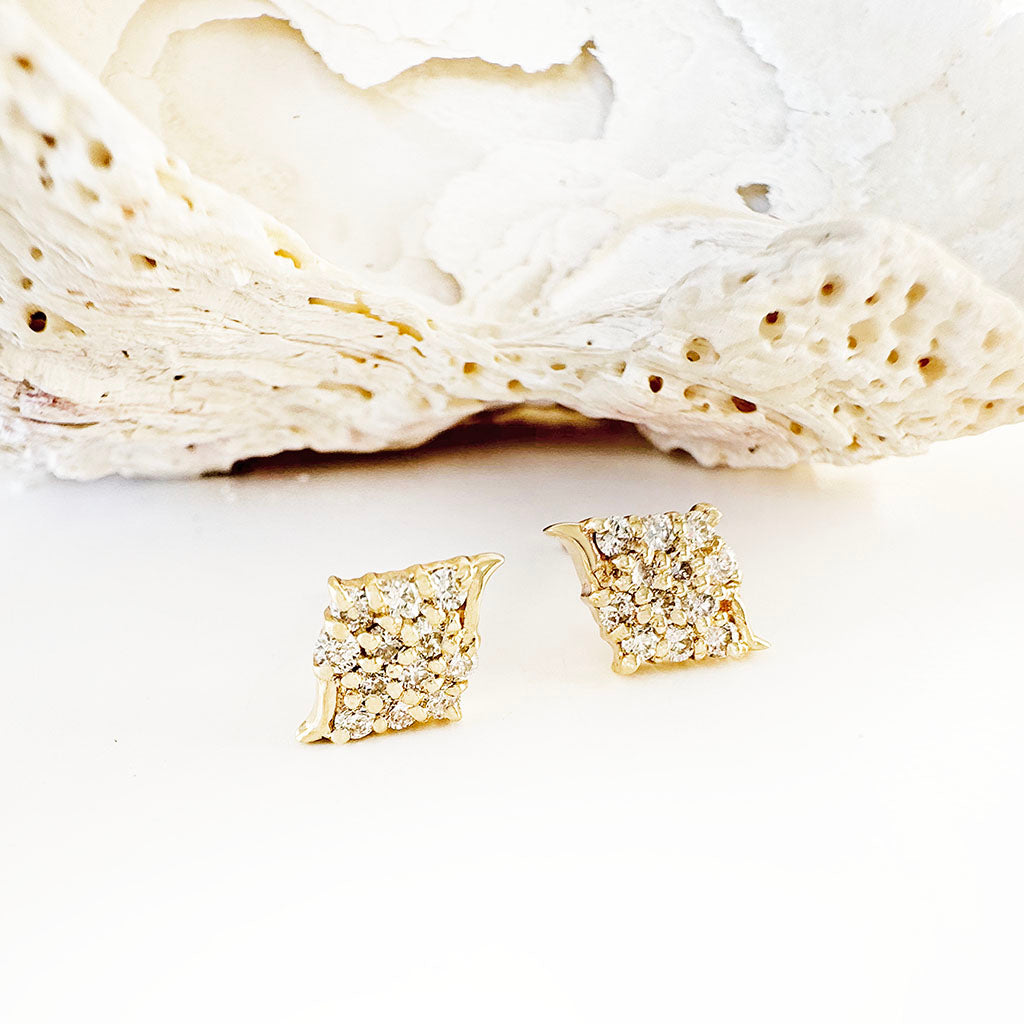 Sparkling Diamond Shaped White Diamond Yellow Gold Earrings