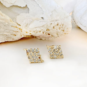 Sparkling Diamond Shaped White Diamond Yellow Gold Earrings