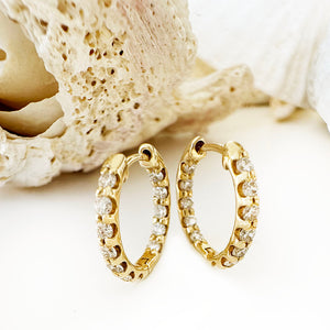 Petite Elegant Double White Diamond Yellow Gold Hoops