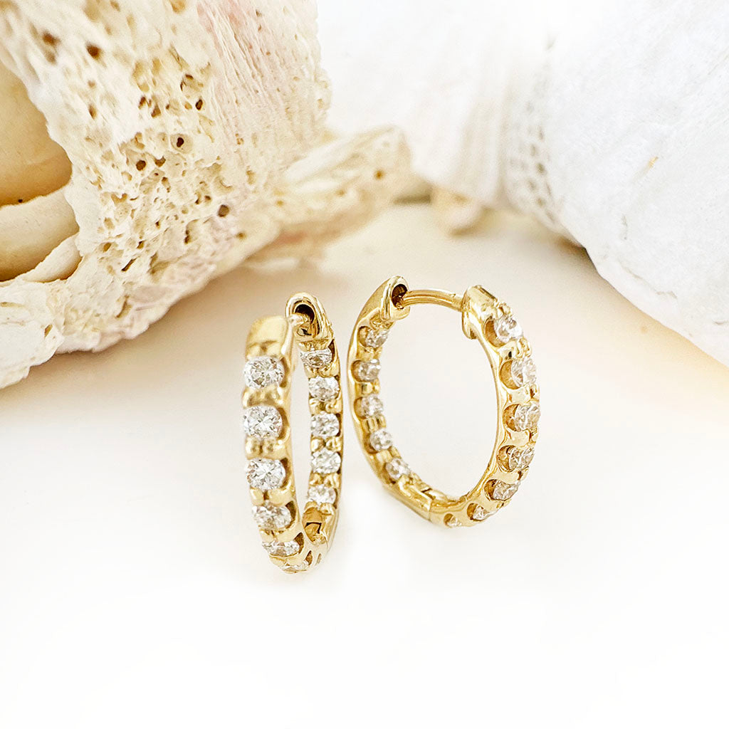 Petite Elegant Double White Diamond Yellow Gold Hoops