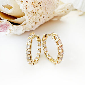 Petite Elegant Double White Diamond Yellow Gold Hoops