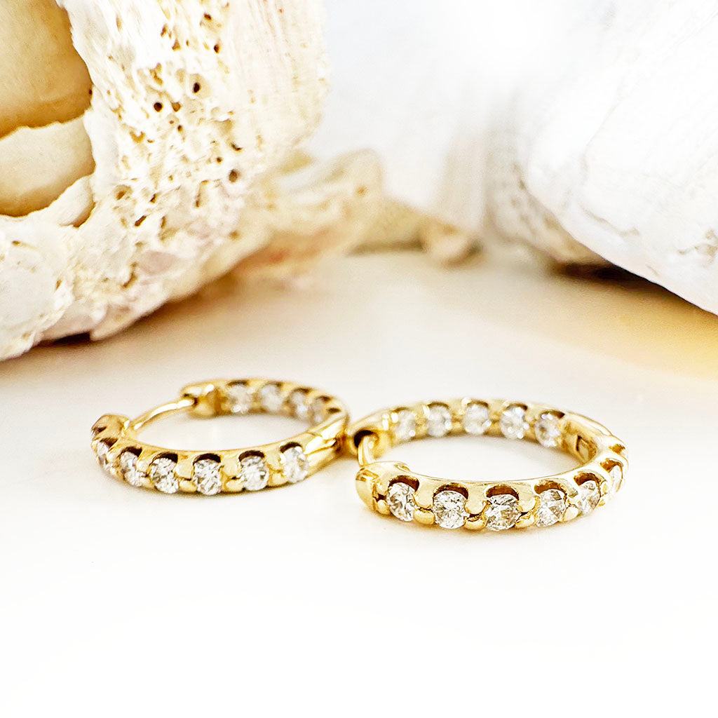 Petite Elegant Double White Diamond Yellow Gold Hoops