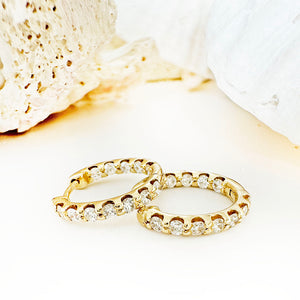 Petite Elegant Double White Diamond Yellow Gold Hoops