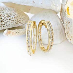 Standout Channel Set White Diamond Hoop Yellow Gold Earrings