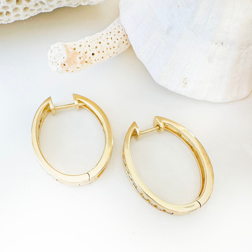 Standout Channel Set White Diamond Hoop Yellow Gold Earrings