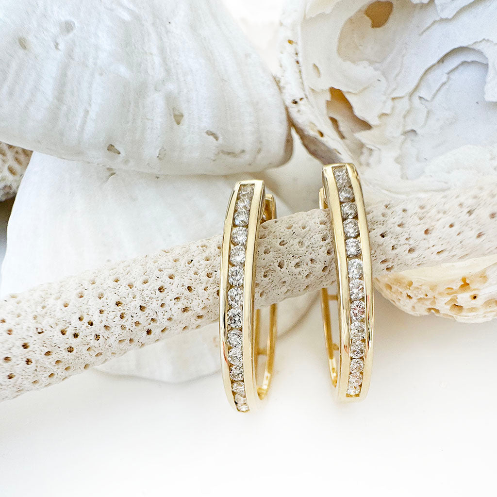 Standout Channel Set White Diamond Hoop Yellow Gold Earrings