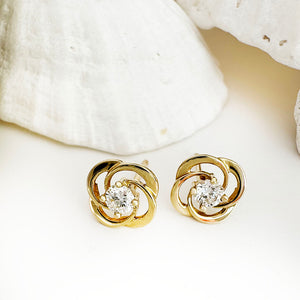 Celtic Twist White Diamond Yellow Gold Stud Earrings