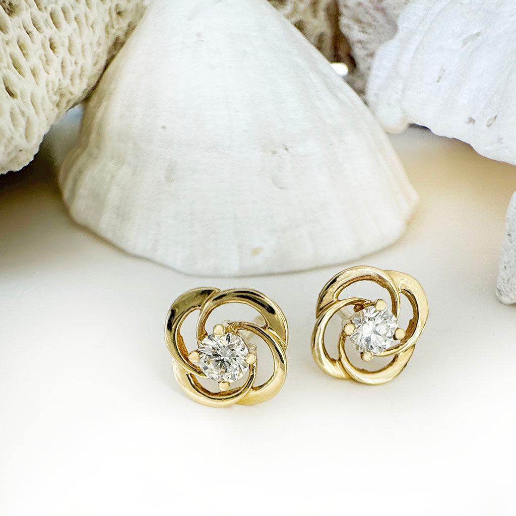 Celtic Twist White Diamond Yellow Gold Stud Earrings